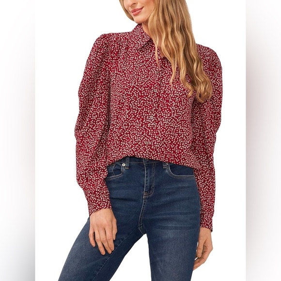CeCe Women's L Long Sleeve Button-Down Red Floral Blouse with Collar - Picture 1 of 8